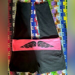 Victoria Secret Fold Over Black and Pink Leggings with Iconic Angel Wing Design